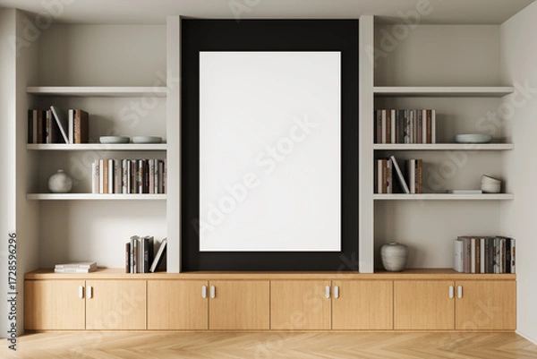 Fototapeta Modern interior with wooden shelves and minimalist poster mockup on wall in stylish architectural setting. 3D Rendering