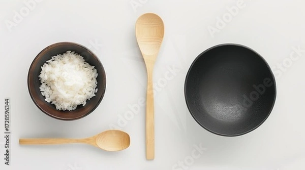 Fototapeta Rice, Wooden Spoon, and Bowl – a warm and rustic composition. The natural textures and earthy tones create a cozy, homey kitchen atmosphere.