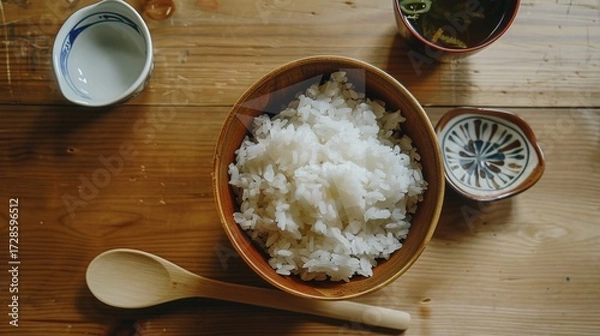 Fototapeta Rice, Wooden Spoon, and Bowl – a warm and rustic composition. The natural textures and earthy tones create a cozy, homey kitchen atmosphere.