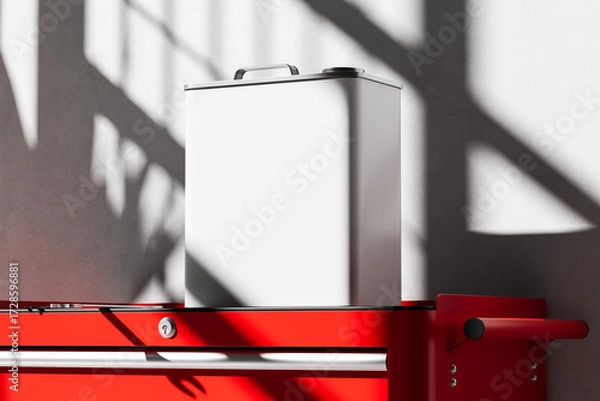 Fototapeta Realistic 3D mockup of a blank metal oil can on red toolbox in sunlight with shadows on white wall background for branding or product design concept. 3D Rendering