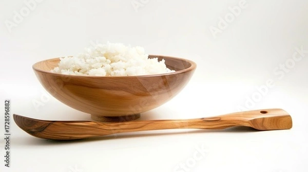 Fototapeta Rice, Wooden Spoon, and Bowl – a warm and rustic composition. The natural textures and earthy tones create a cozy, homey kitchen atmosphere.