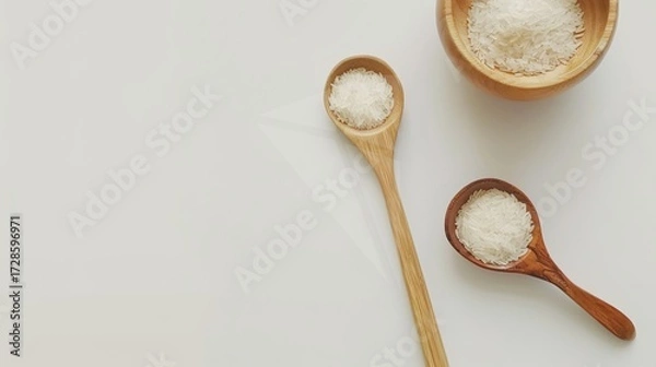 Fototapeta Rice, Wooden Spoon, and Bowl – a warm and rustic composition. The natural textures and earthy tones create a cozy, homey kitchen atmosphere.