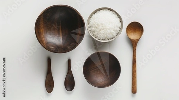 Fototapeta Rice, Wooden Spoon, and Bowl – a warm and rustic composition. The natural textures and earthy tones create a cozy, homey kitchen atmosphere.