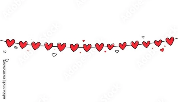Fototapeta Romantic Valentine heart ribbon banner, vertical divider with red line design, isolated on white.