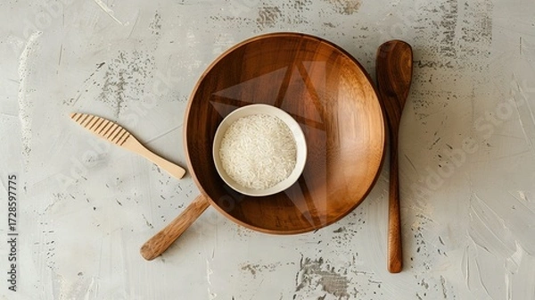 Fototapeta Rice, Wooden Spoon, and Bowl – a warm and rustic composition. The natural textures and earthy tones create a cozy, homey kitchen atmosphere.