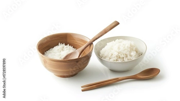 Fototapeta Rice, Wooden Spoon, and Bowl – a warm and rustic composition. The natural textures and earthy tones create a cozy, homey kitchen atmosphere.