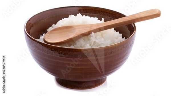 Fototapeta Rice, Wooden Spoon, and Bowl – a warm and rustic composition. The natural textures and earthy tones create a cozy, homey kitchen atmosphere.