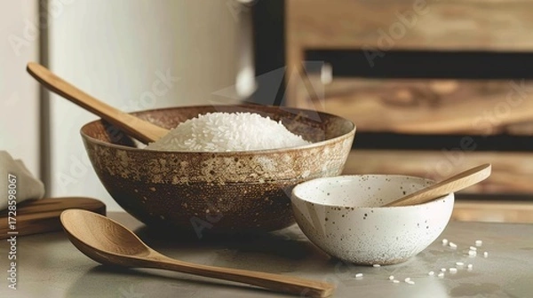 Fototapeta Rice, Wooden Spoon, and Bowl – a warm and rustic composition. The natural textures and earthy tones create a cozy, homey kitchen atmosphere.