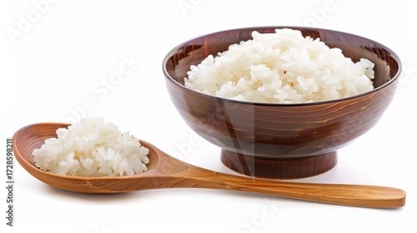 Fototapeta Rice, Wooden Spoon, and Bowl – a warm and rustic composition. The natural textures and earthy tones create a cozy, homey kitchen atmosphere.