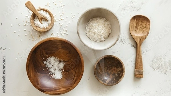 Fototapeta Rice, Wooden Spoon, and Bowl – a warm and rustic composition. The natural textures and earthy tones create a cozy, homey kitchen atmosphere.