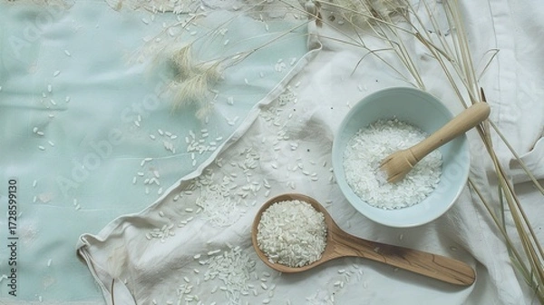 Fototapeta Rice, Wooden Spoon, and Bowl – a warm and rustic composition. The natural textures and earthy tones create a cozy, homey kitchen atmosphere.