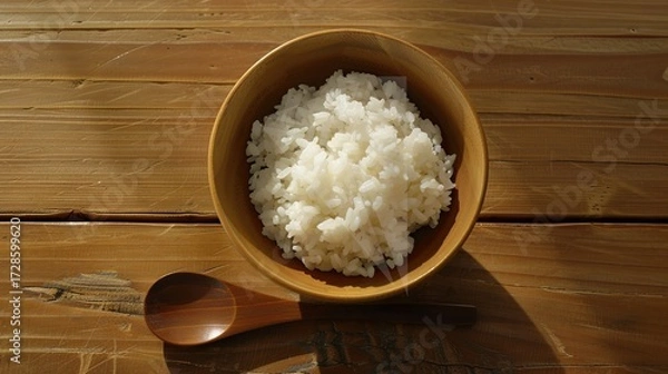 Fototapeta Rice, Wooden Spoon, and Bowl – a warm and rustic composition. The natural textures and earthy tones create a cozy, homey kitchen atmosphere.