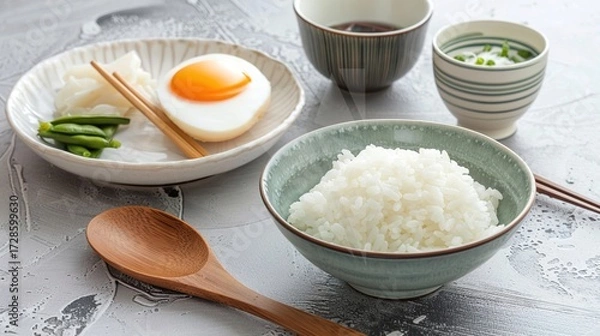 Fototapeta Rice, Wooden Spoon, and Bowl – a warm and rustic composition. The natural textures and earthy tones create a cozy, homey kitchen atmosphere.