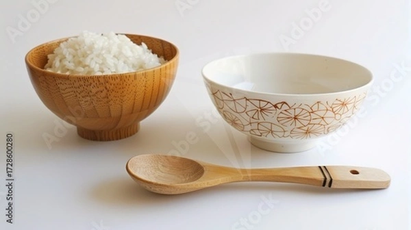 Fototapeta Rice, Wooden Spoon, and Bowl – a warm and rustic composition. The natural textures and earthy tones create a cozy, homey kitchen atmosphere.