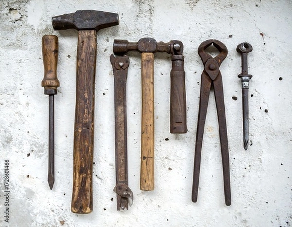 Obraz Assorted vintage tools on a textured surface