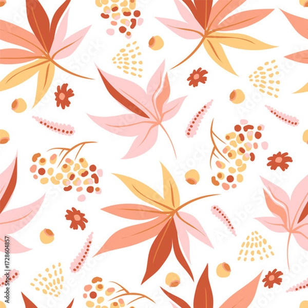 Fototapeta Seamless pattern with maple leaves, berries, flowers on white background. Pastel brown pink colors. Gentle fall print. Floral pattern. Vector illustration.