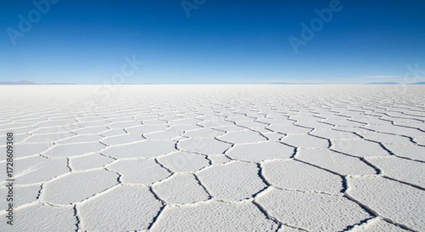 Fototapeta An expansive, surreal view of pure white salt flats stretching to a perfectly clear horizon line under a brilliant blue sky. The texture of the salt is subtly visible in the foreground. The sheer scal