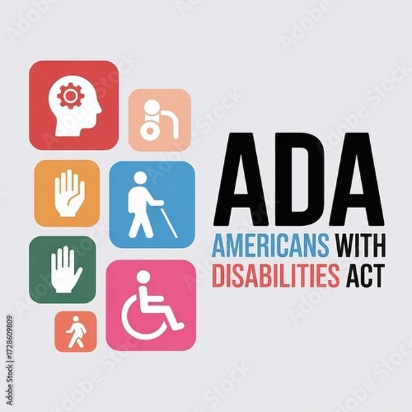Fototapeta Colorful icons representing various disabilities with bold ADA Americans with Disabilities Act text, ideal for accessibility awareness, corporate inclusion training, and business compliance campaigns