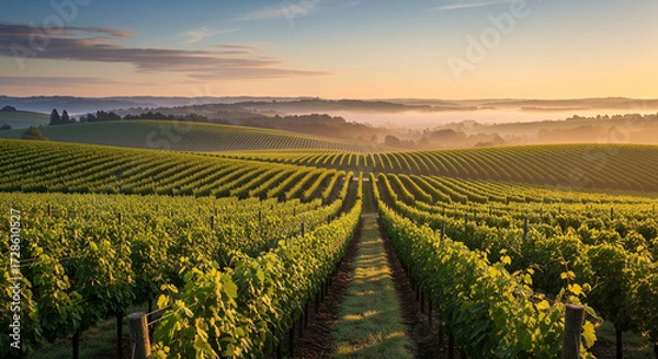 Fototapeta  A clean, wide-angle shot looking over neat rows of grapevines on gentle rolling hills. The scene is at sunrise, with soft, golden light illuminating the vineyard and a light mist lingering in the val