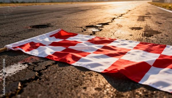 Fototapeta Red and white checkered racing flag laid on cracked textured asphalt road surface with golden hour light, motorsport signal, finish line indicator, racing equipment concept
