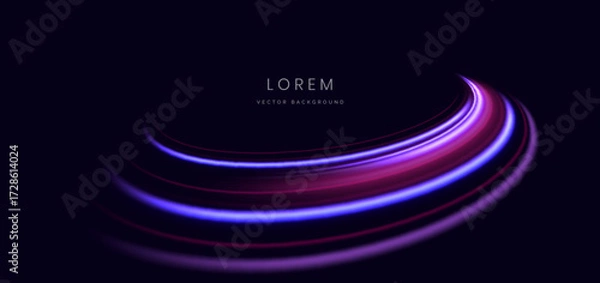 Fototapeta Pink and purple curve ray on dark blue background. Hi speed motion moving concept.
