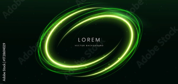 Fototapeta Green rings beam with lighting effect sparkle on dark green background.