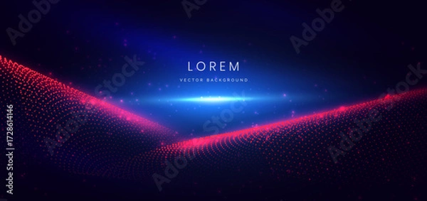 Fototapeta Futuristic dot red wave lines with blue light effect on dark blue background.