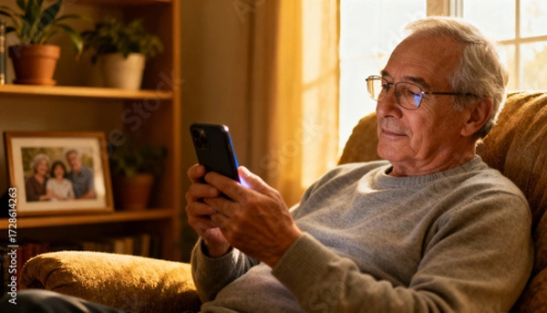 Fototapeta Elderly man relaxing at home using smartphone, senior person browsing mobile device in cozy living room with warm natural light and family photo in background, technology use for older adults