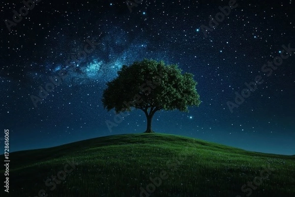 Fototapeta Single Green Tree on a Grassy Hilltop at Night Under a Starry Sky