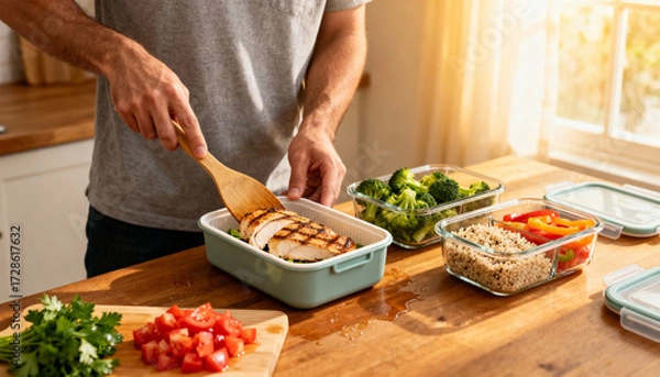 Obraz Man preparing healthy homemade meal prep in food containers. Portion control with grilled chicken, quinoa, and fresh vegetables for a balanced diet and nutritional lifestyle.