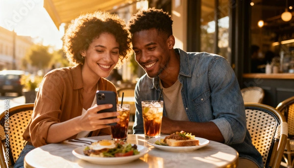 Fototapeta Happy multiracial couple using a smartphone on a date at a sunny outdoor cafe. A young man and woman enjoying brunch together. Modern lifestyle, love, and technology concept.