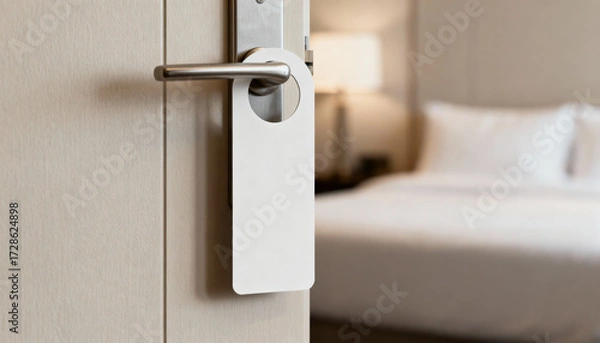 Fototapeta Blank door hanger mockup on a hotel room handle. Empty white sign for a do not disturb message. Concept for privacy, hospitality, travel, vacation, service and accommodation.