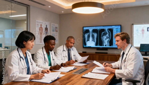 Fototapeta Multiethnic team of specialist doctors in a meeting. Medical professionals collaborating in hospital conference room, analyzing a patient's case, discussing diagnosis with X-ray.