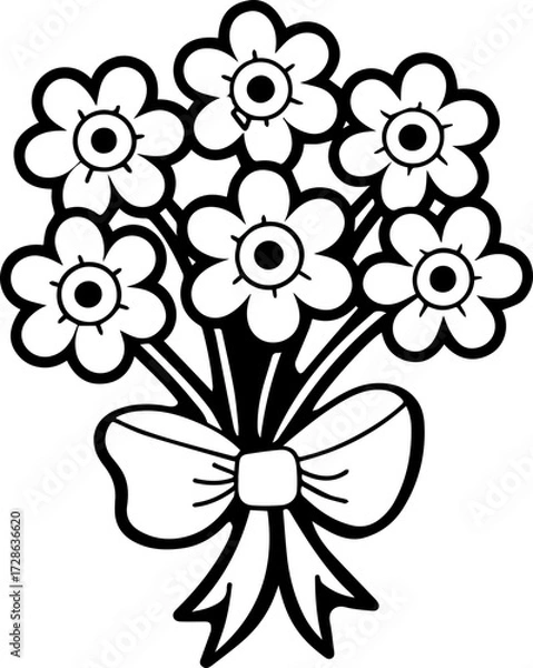 Fototapeta SVG vector illustration of a flower bouquet bunch.Simple Line Art Bouquet of Flowers with Ribbon Tie