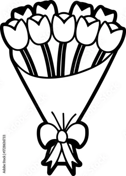 Fototapeta SVG vector illustration of a flower bouquet bunch.Hand-drawn Bouquet of Tulips with Bow and Ribbon