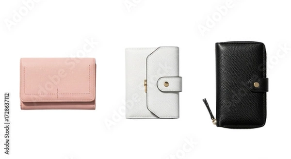 Fototapeta Three leather wallets in different colors isolated cutout transparent png