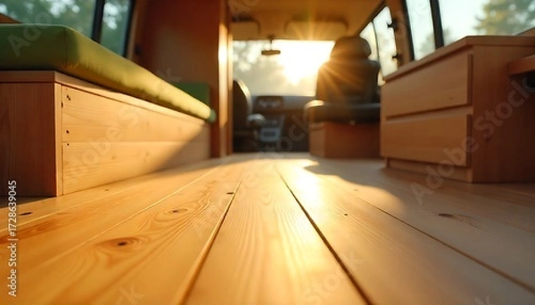 Obraz a wooden floor in a modern, minimalist interior of a bus., created wth generative ai