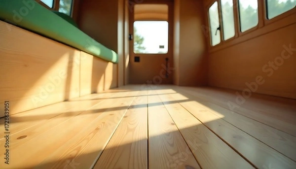 Obraz a wooden floor in a modern, minimalist interior of a bus., created wth generative ai
