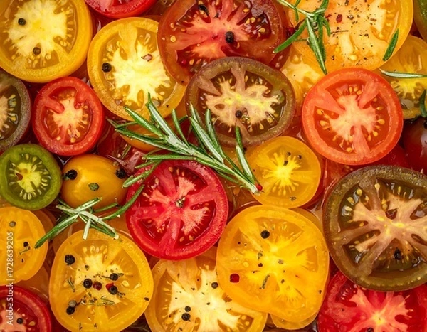 Fototapeta Colorful tomato slices with rosemary and spices