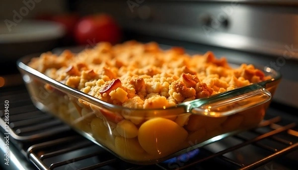 Obraz  glass baking dish filled with a baked apple crisp on top of an oven rack, Home baking: apple shortcake, freshly baked, created wth generative ai