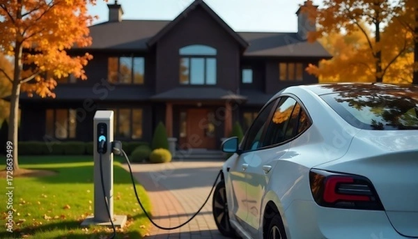 Obraz An electric car plugged into a charging station in front of a large, luxurious house, created wth generative ai