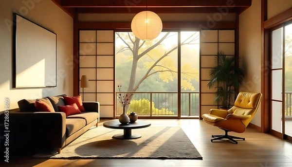 Obraz Japanese Style Living Room Interior With Sofa, Armchair, Television Set And Coffee Table, Modern Japanese minimalist interior design, created wth generative ai