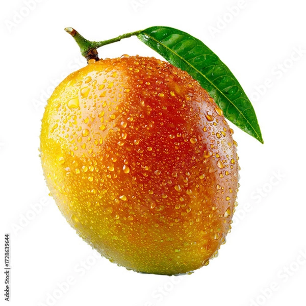 Fototapeta Png of fresh ripe mango with water droplets and leaf isolated on transparent background, a refreshing and healthy fruit choice