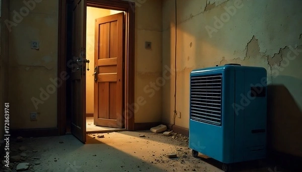 Obraz  blue air purifier placed in dimly lit room with an open door, Air conditioner, created wth generative ai