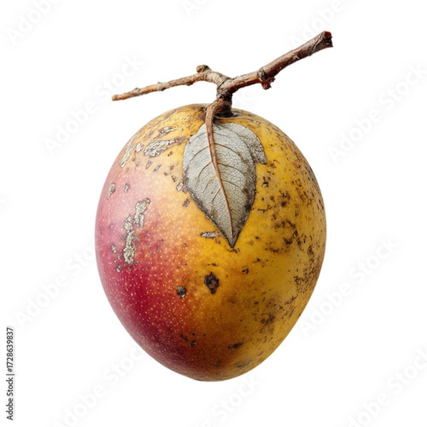 Fototapeta Png of closeup of a ripe mango with a stem and leaf, showcasing its vibrant colors isolated on transparent background
