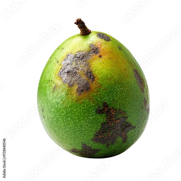 Fototapeta Png of close up of a green mango with dark spots isolated on transparent background, showing signs of decay and disease