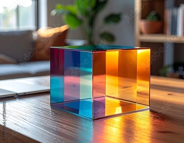 Fototapeta Colorful transparent cube on wooden table