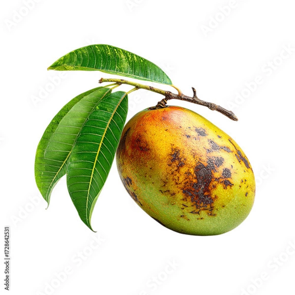 Fototapeta Png of fresh ripe mango with leaves isolated on transparent background, showcasing its vibrant colors and natural beauty