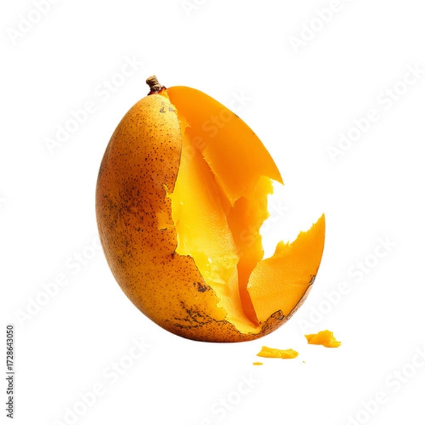 Fototapeta Png of a partially eaten ripe mango isolated on transparent background, revealing its juicy flesh and vibrant color