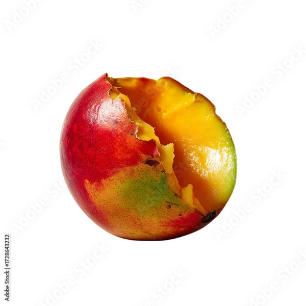 Fototapeta Png of partially eaten mango fruit with red and green skin isolated on transparent background, a tropical and delicious treat